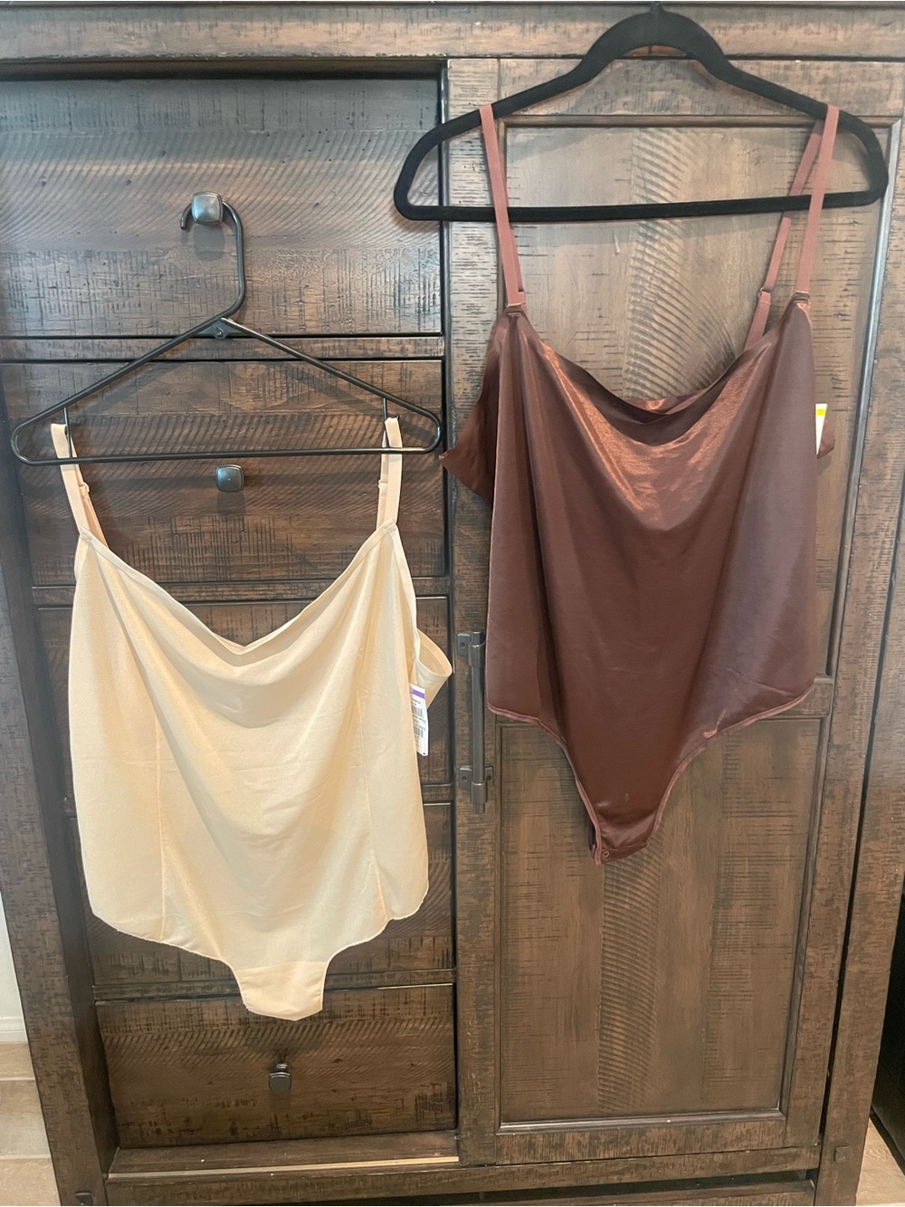 SKIMS (2) Satin Bodysuit in Brown and Cream